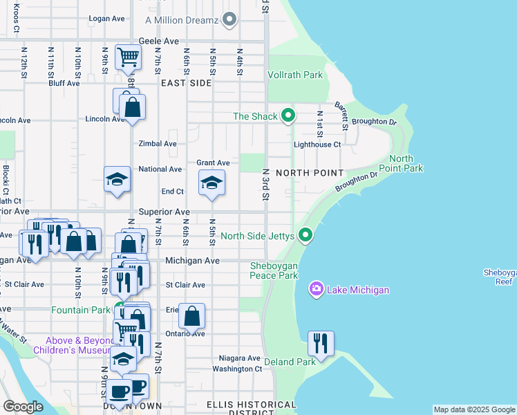 map of restaurants, bars, coffee shops, grocery stores, and more near 310 Superior Avenue in Sheboygan