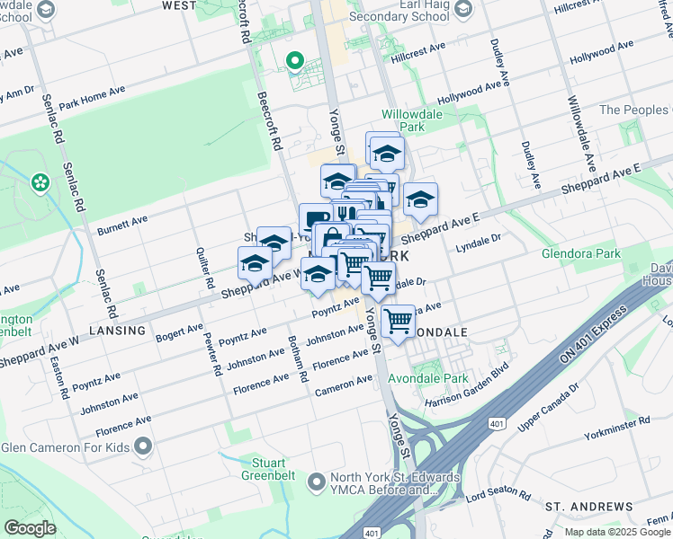 map of restaurants, bars, coffee shops, grocery stores, and more near 25 Sheppard Avenue West in Toronto