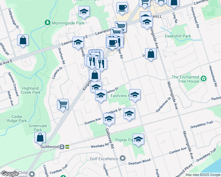 map of restaurants, bars, coffee shops, grocery stores, and more near 24 Coronation Drive in Toronto