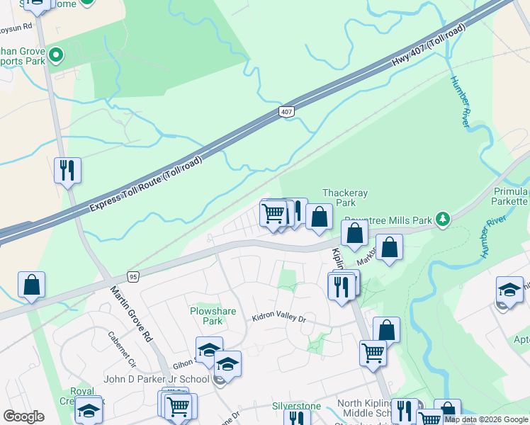 map of restaurants, bars, coffee shops, grocery stores, and more near 21 Hearne Street in Vaughan