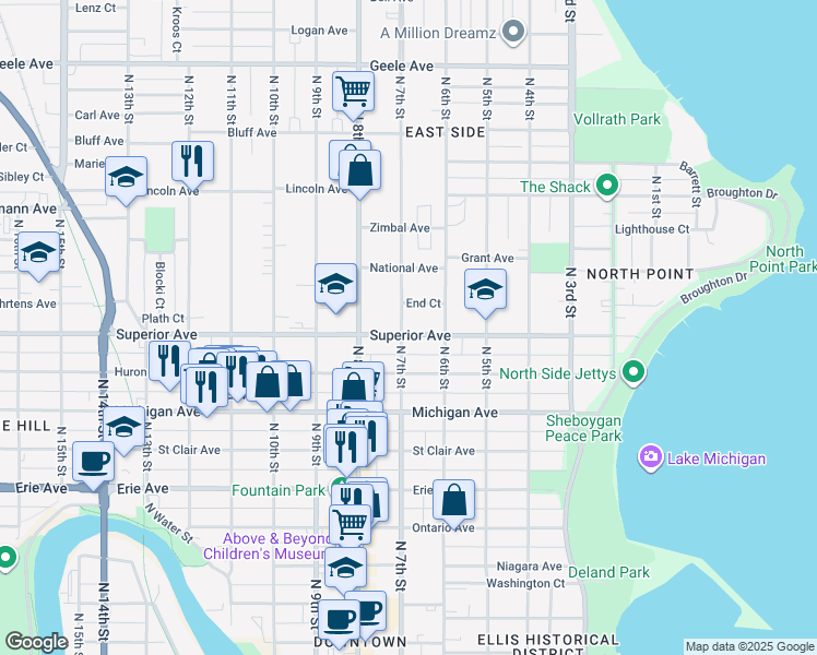 map of restaurants, bars, coffee shops, grocery stores, and more near 1503 N 7th St in Sheboygan