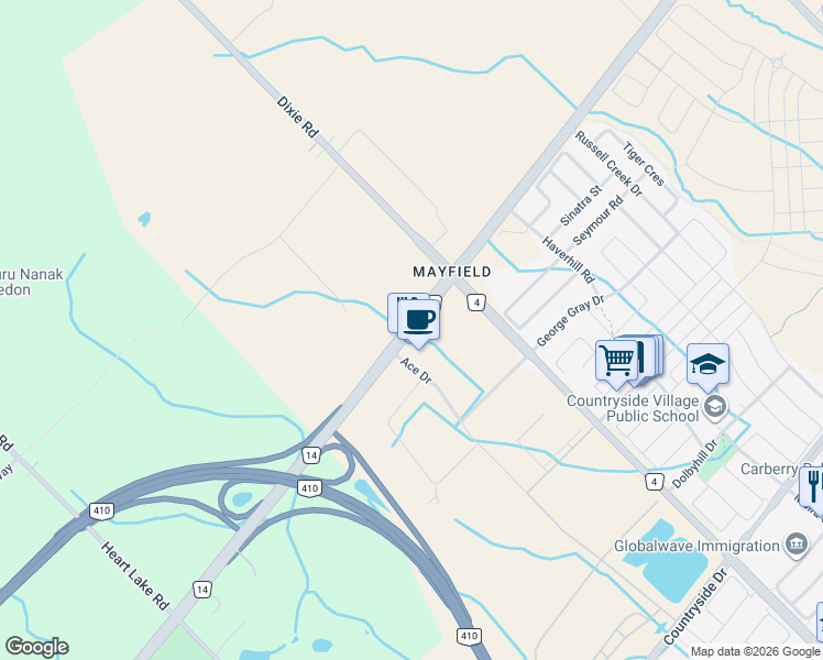 map of restaurants, bars, coffee shops, grocery stores, and more near Mayfield Road in Brampton