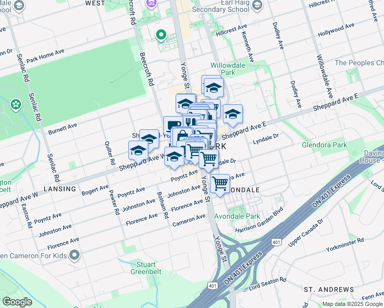 map of restaurants, bars, coffee shops, grocery stores, and more near in Toronto