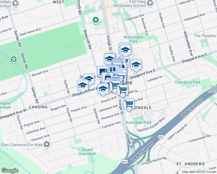 map of restaurants, bars, coffee shops, grocery stores, and more near in Toronto