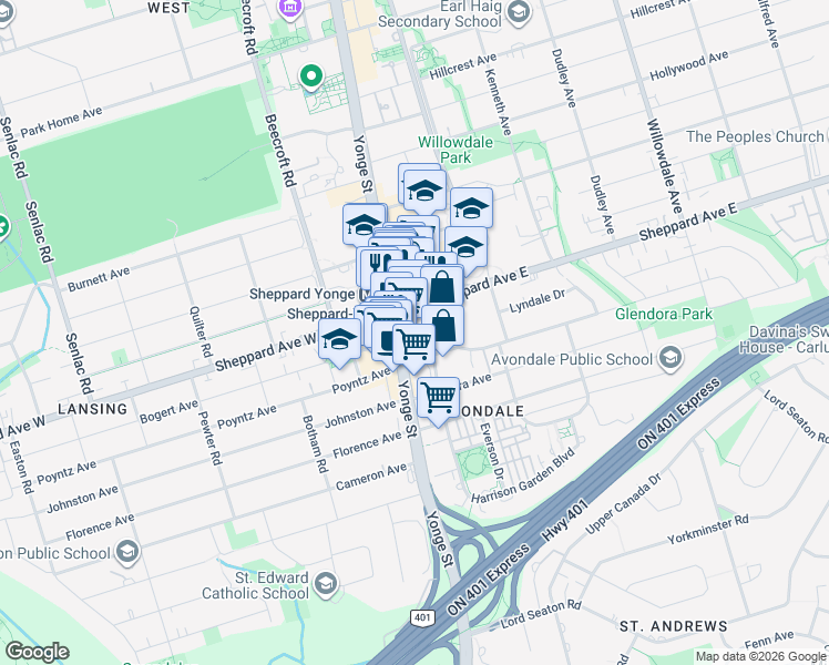 map of restaurants, bars, coffee shops, grocery stores, and more near 4789 Yonge Street in Toronto