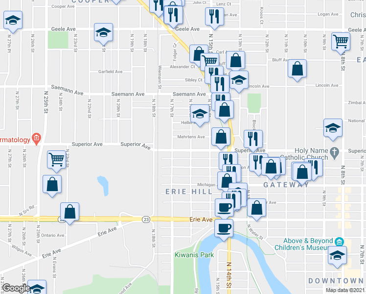 map of restaurants, bars, coffee shops, grocery stores, and more near 1614 Superior Avenue in Sheboygan