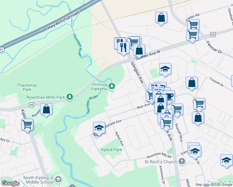 map of restaurants, bars, coffee shops, grocery stores, and more near 85 Primula Crescent in Toronto