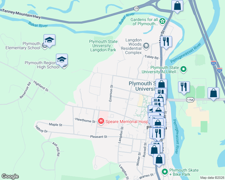 map of restaurants, bars, coffee shops, grocery stores, and more near 21 Emerson Street in Plymouth
