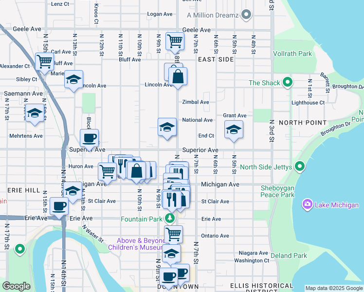 map of restaurants, bars, coffee shops, grocery stores, and more near 728 Superior Avenue in Sheboygan