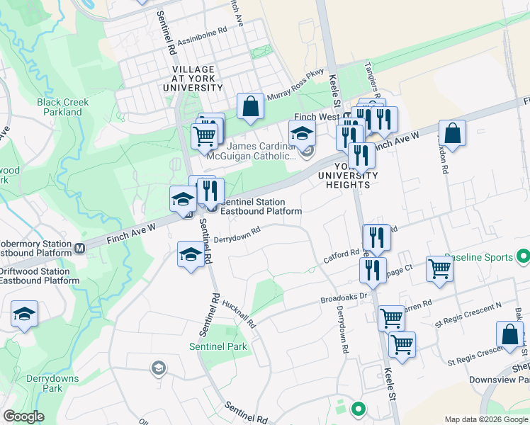 map of restaurants, bars, coffee shops, grocery stores, and more near 33 Paulvale Crescent in Toronto