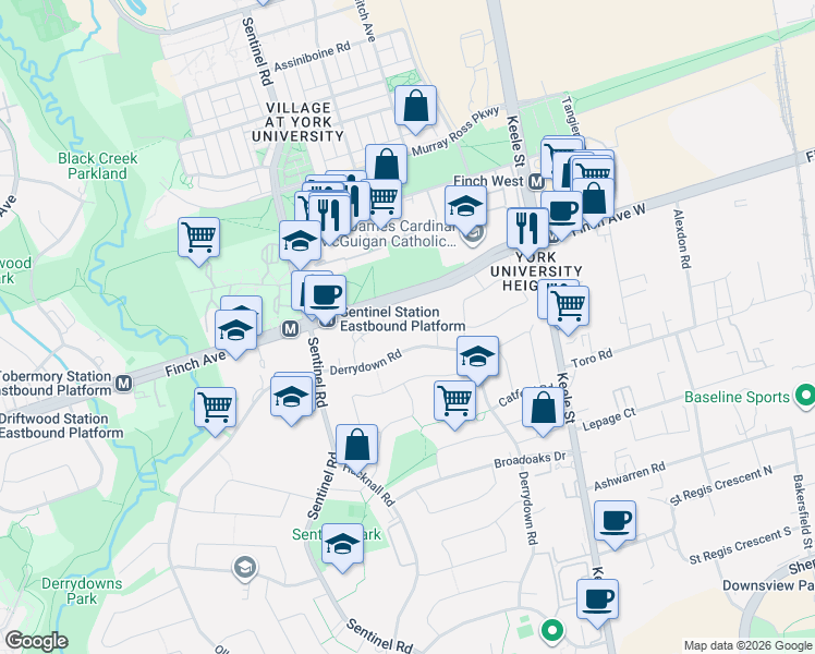 map of restaurants, bars, coffee shops, grocery stores, and more near 33 Paulvale Crescent in Toronto