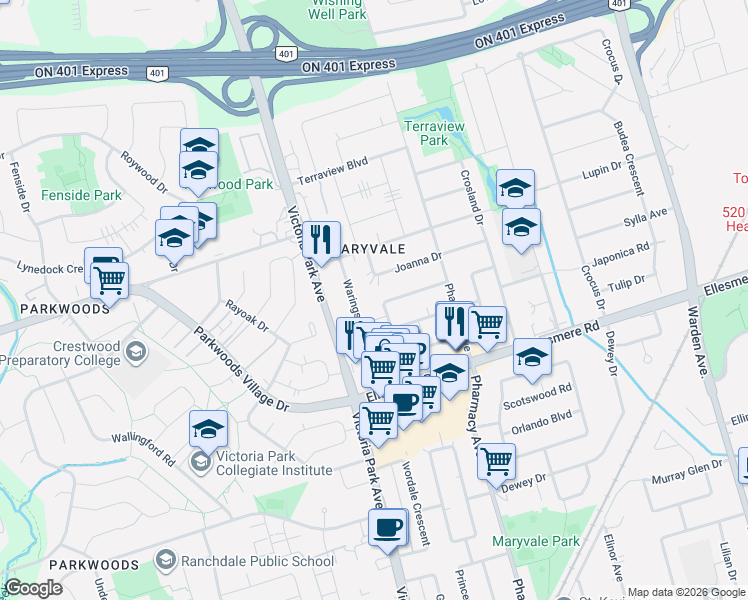 map of restaurants, bars, coffee shops, grocery stores, and more near 52 Christina Crescent in Toronto