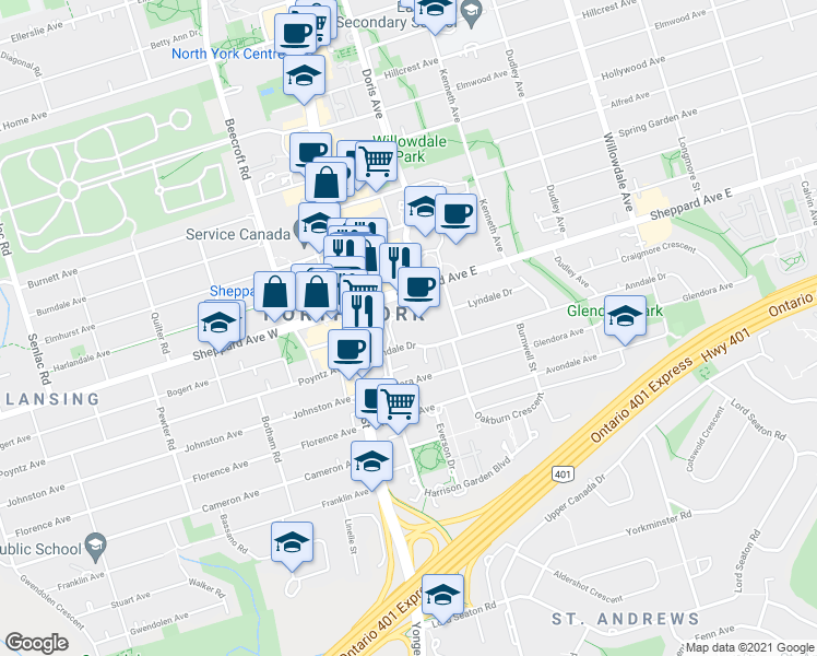map of restaurants, bars, coffee shops, grocery stores, and more near 2 Anndale Drive in Toronto