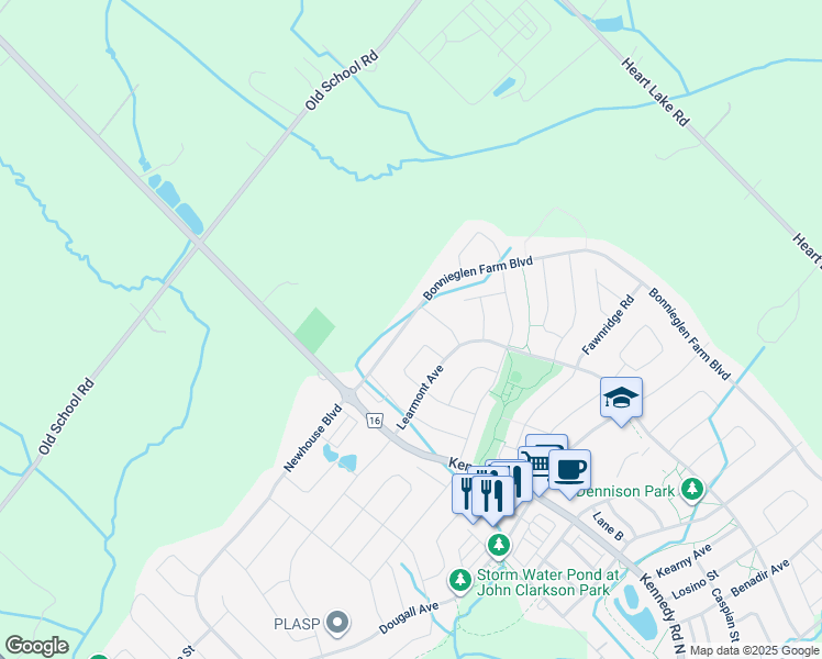 map of restaurants, bars, coffee shops, grocery stores, and more near 85 Bonnieglen Farm Boulevard in Caledon