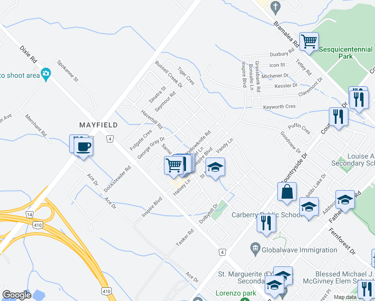 map of restaurants, bars, coffee shops, grocery stores, and more near 22 Yellowknife Road in Brampton