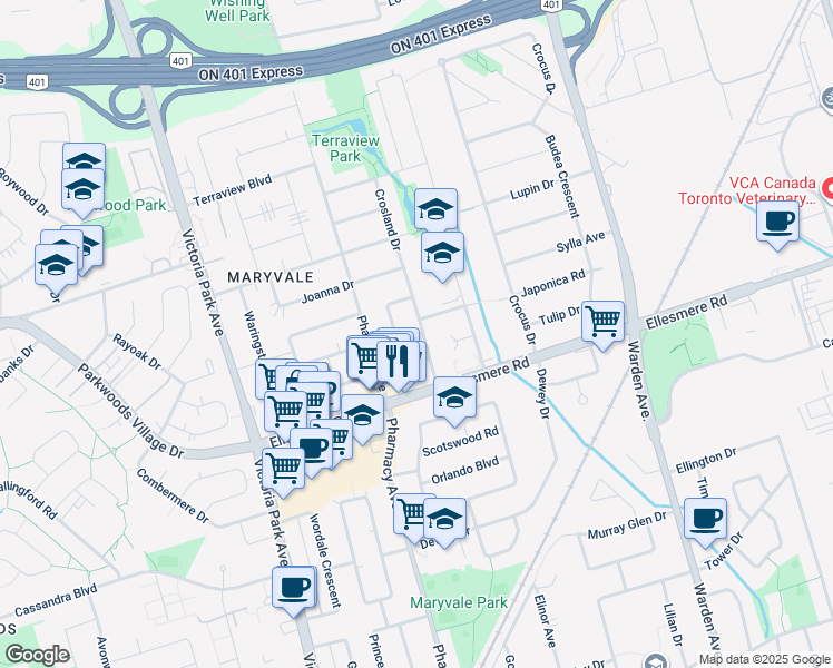 map of restaurants, bars, coffee shops, grocery stores, and more near in Toronto