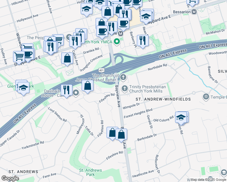 map of restaurants, bars, coffee shops, grocery stores, and more near 96 Fifeshire Road in Toronto