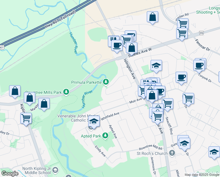 map of restaurants, bars, coffee shops, grocery stores, and more near 79 Primula Crescent in Toronto