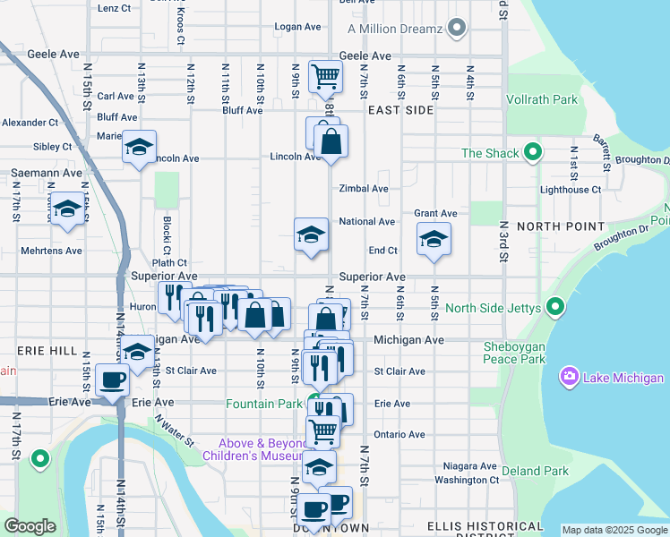 map of restaurants, bars, coffee shops, grocery stores, and more near 728 Superior Avenue in Sheboygan