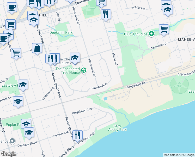 map of restaurants, bars, coffee shops, grocery stores, and more near 23 Homestead Road in Toronto
