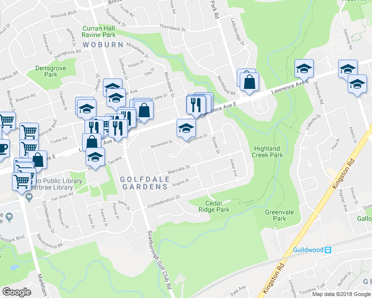 map of restaurants, bars, coffee shops, grocery stores, and more near 25 Windover Drive in Toronto