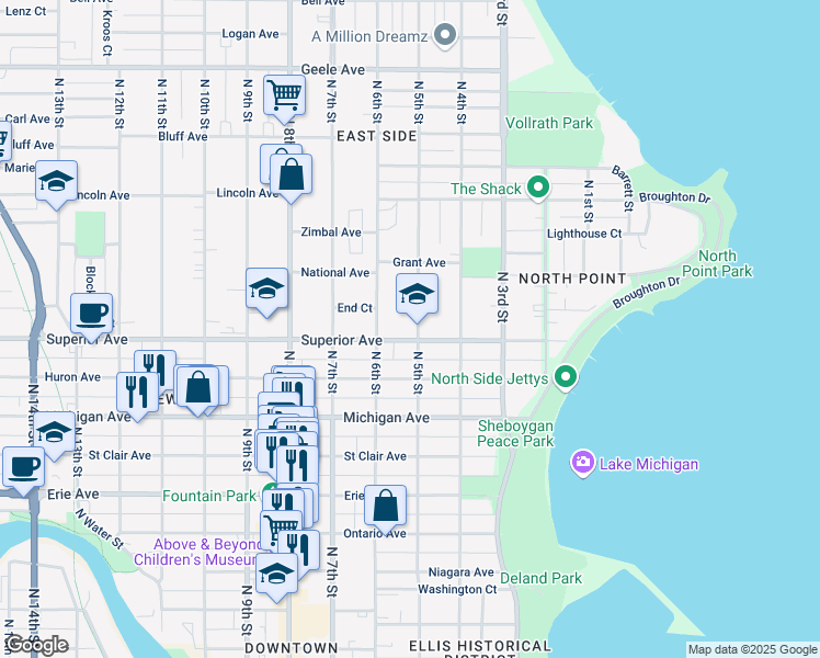map of restaurants, bars, coffee shops, grocery stores, and more near 1510 North 5th Street in Sheboygan
