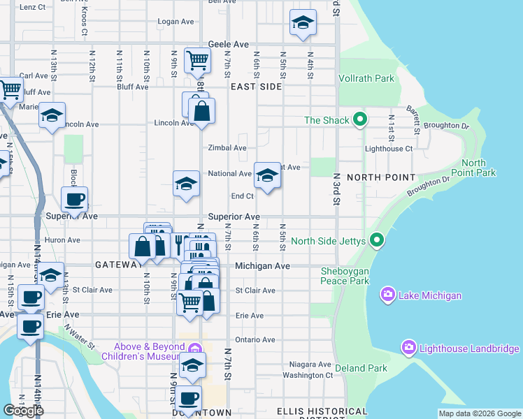 map of restaurants, bars, coffee shops, grocery stores, and more near 1503 North 6th Street in Sheboygan
