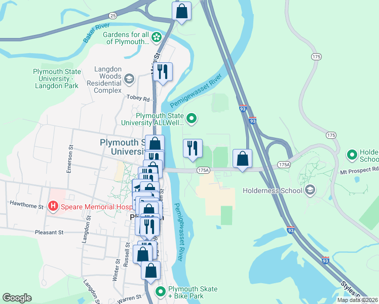 map of restaurants, bars, coffee shops, grocery stores, and more near 56 North River Street in Holderness