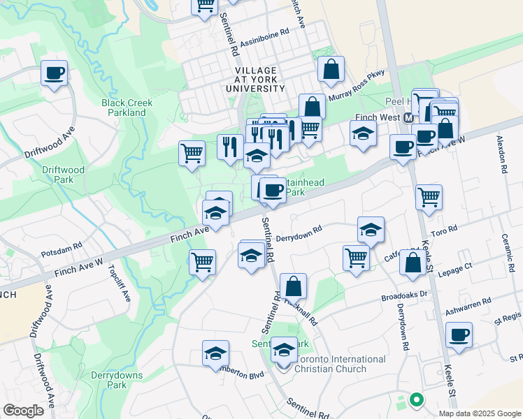 map of restaurants, bars, coffee shops, grocery stores, and more near 1600 Finch Avenue West in Toronto