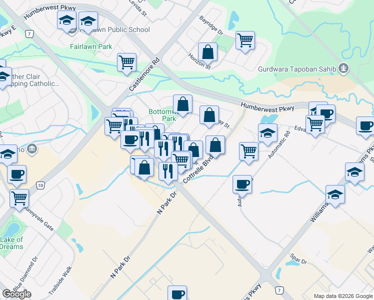 map of restaurants, bars, coffee shops, grocery stores, and more near 2 Zimmer Street in Brampton