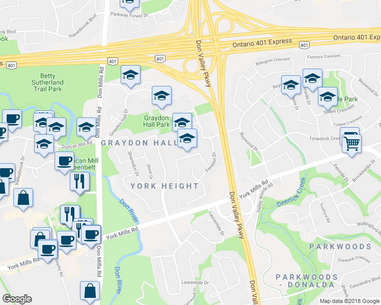 map of restaurants, bars, coffee shops, grocery stores, and more near 40 Camwood Crescent in Toronto