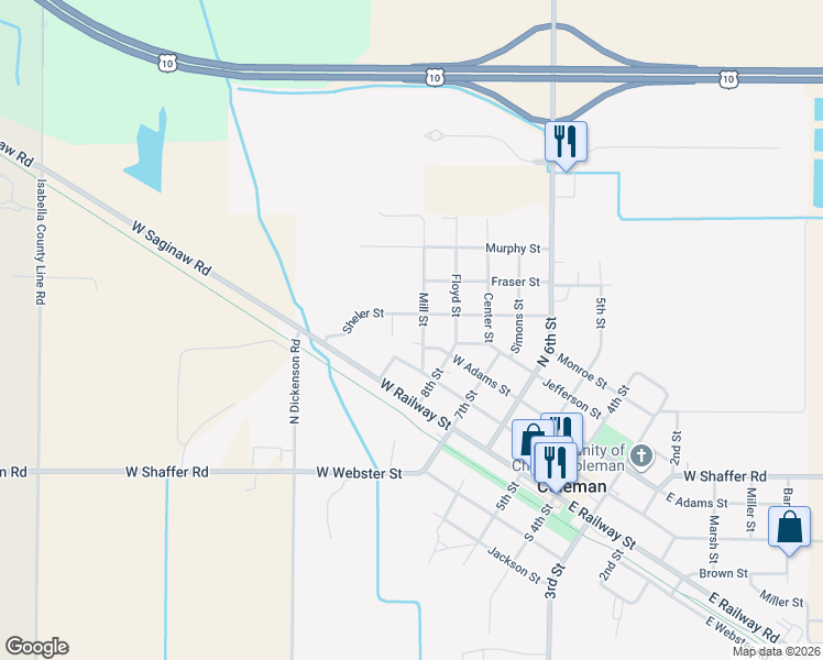 map of restaurants, bars, coffee shops, grocery stores, and more near 318 East Washington Street in Coleman