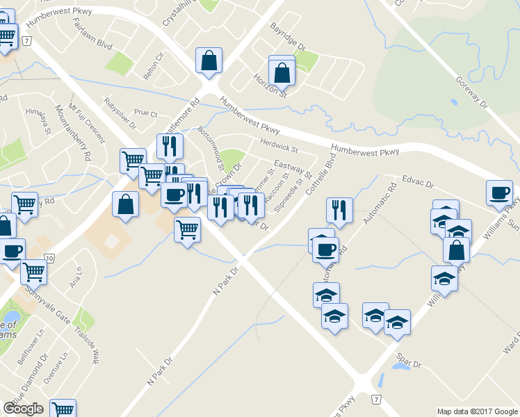 map of restaurants, bars, coffee shops, grocery stores, and more near Raccoon Street in Brampton