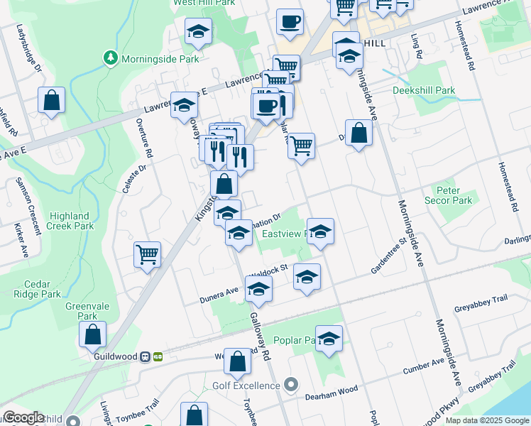 map of restaurants, bars, coffee shops, grocery stores, and more near 30 Coronation Drive in Toronto