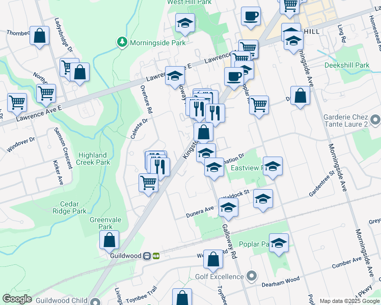 map of restaurants, bars, coffee shops, grocery stores, and more near 4223 Kingston Road in Toronto