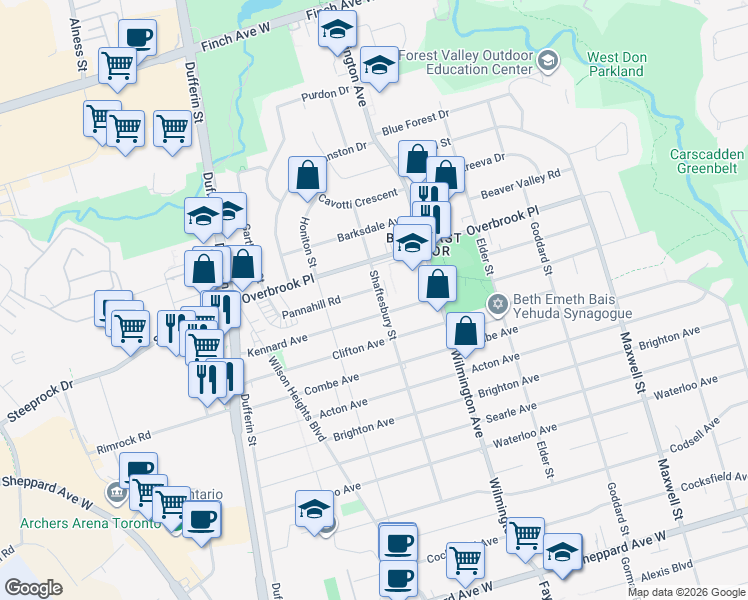 map of restaurants, bars, coffee shops, grocery stores, and more near in Toronto