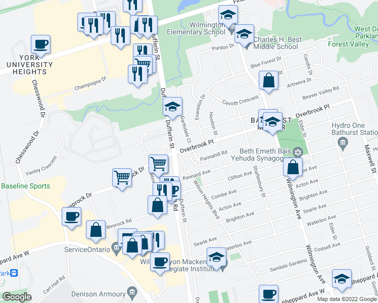 map of restaurants, bars, coffee shops, grocery stores, and more near in Toronto