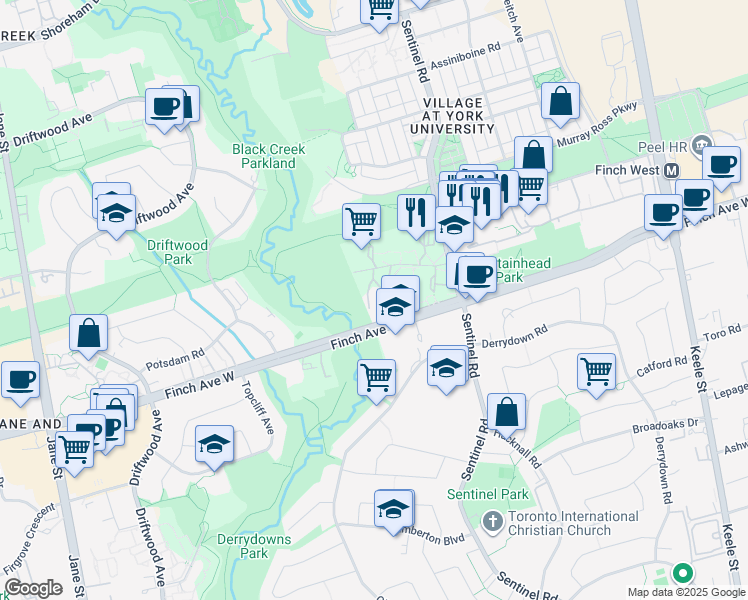 map of restaurants, bars, coffee shops, grocery stores, and more near 5912 Finch Avenue West in Toronto