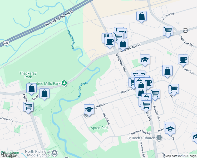 map of restaurants, bars, coffee shops, grocery stores, and more near 92 Primula Crescent in Toronto