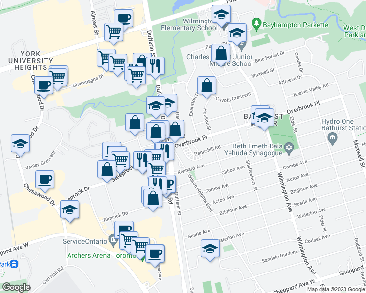 map of restaurants, bars, coffee shops, grocery stores, and more near 247 Pannahill Road in Toronto
