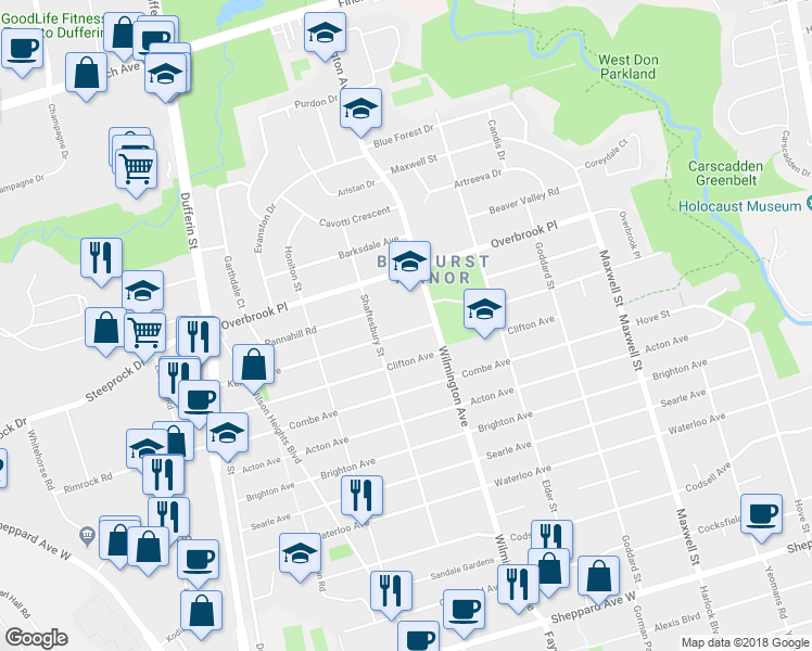 map of restaurants, bars, coffee shops, grocery stores, and more near 114 Kennard Avenue in Toronto