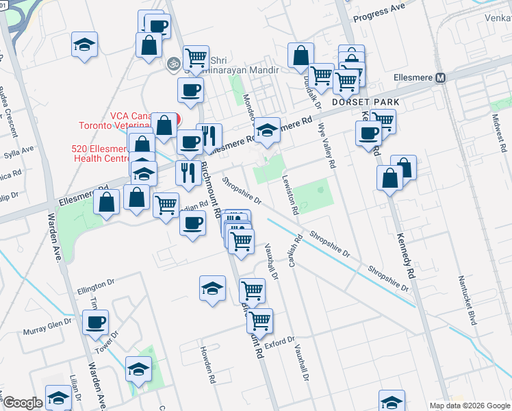 map of restaurants, bars, coffee shops, grocery stores, and more near 41 Shropshire Drive in Toronto