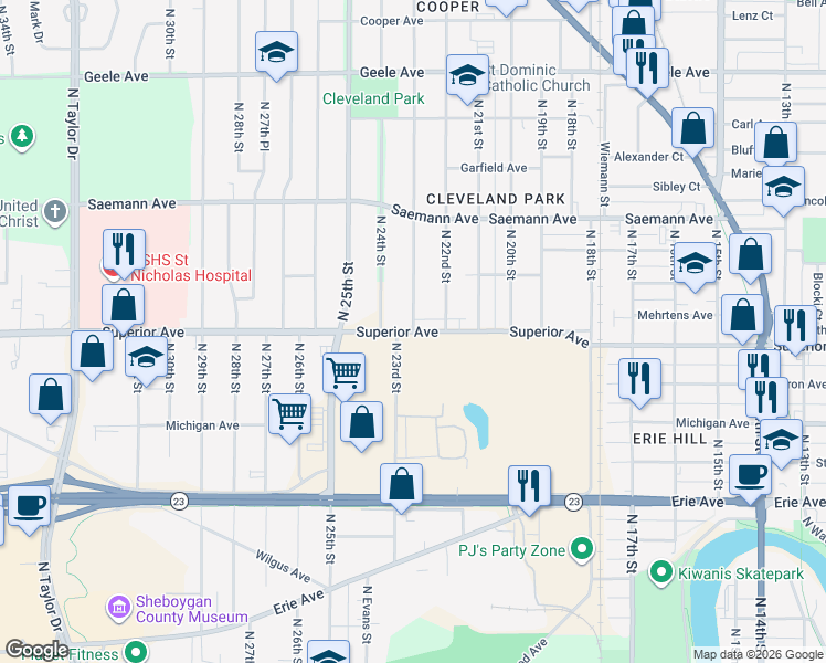 map of restaurants, bars, coffee shops, grocery stores, and more near 2301 Superior Avenue in Sheboygan