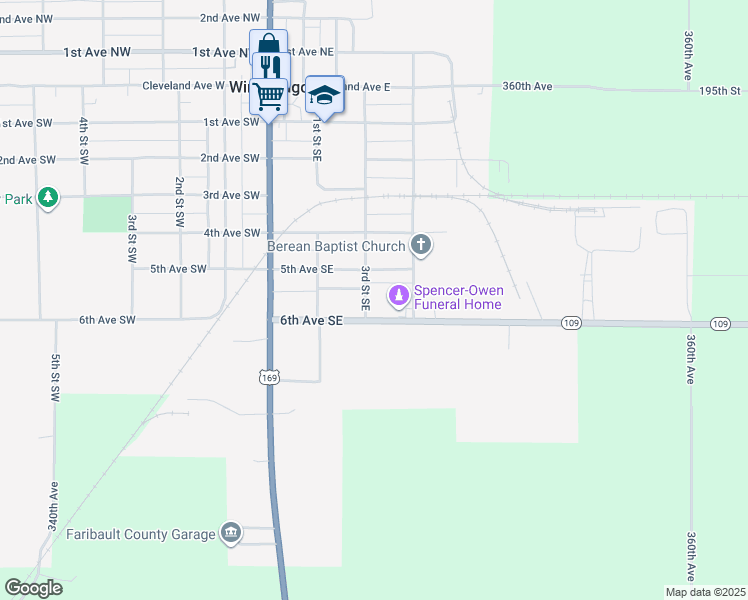 map of restaurants, bars, coffee shops, grocery stores, and more near 550 3rd Street Southeast in Winnebago
