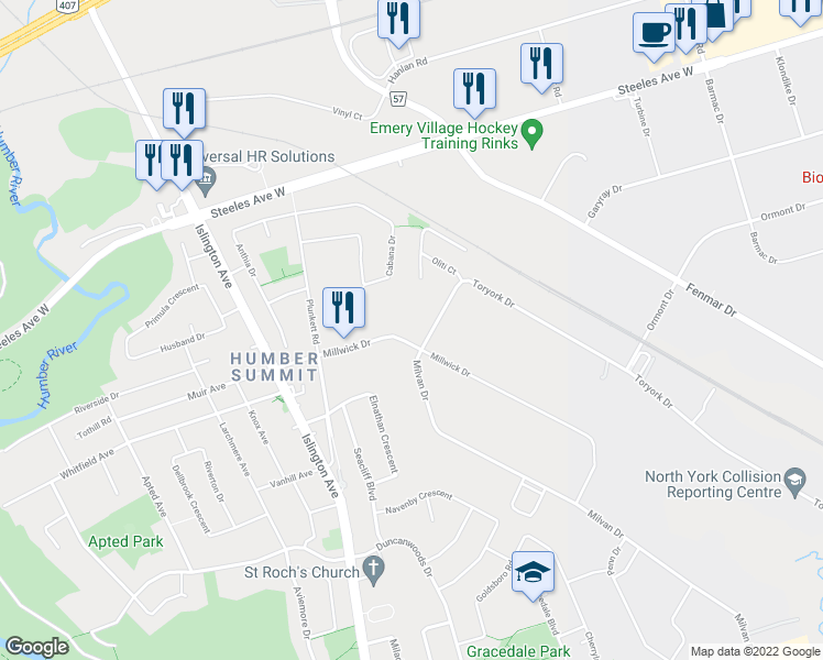 map of restaurants, bars, coffee shops, grocery stores, and more near 122 Millwick Drive in Toronto