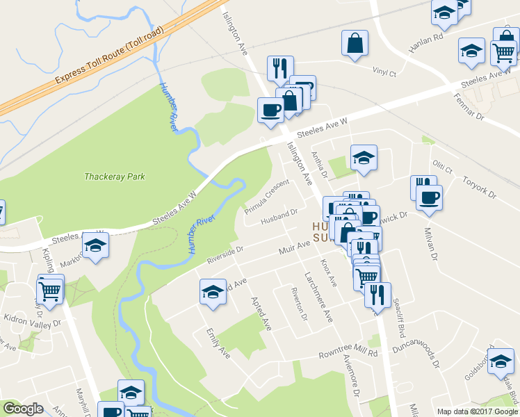 map of restaurants, bars, coffee shops, grocery stores, and more near 79 Primula Crescent in Toronto