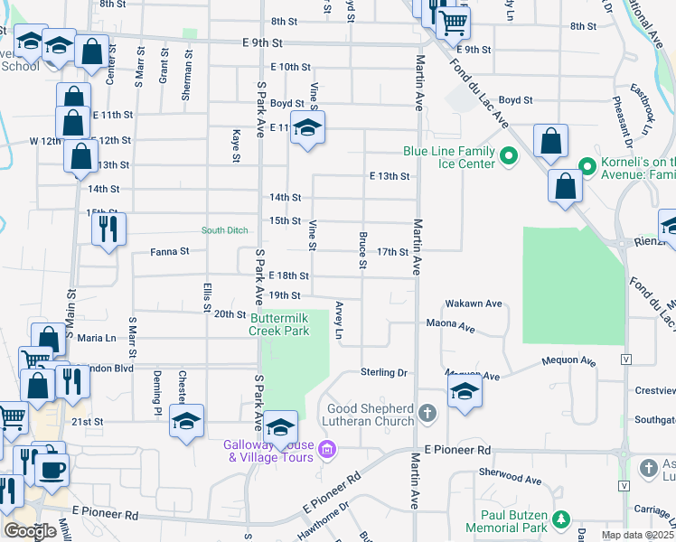 map of restaurants, bars, coffee shops, grocery stores, and more near 297 East 18th Street in Fond du Lac