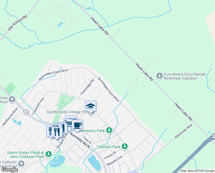 map of restaurants, bars, coffee shops, grocery stores, and more near 185 Bonnieglen Farm Boulevard in Regional Municipality of Peel