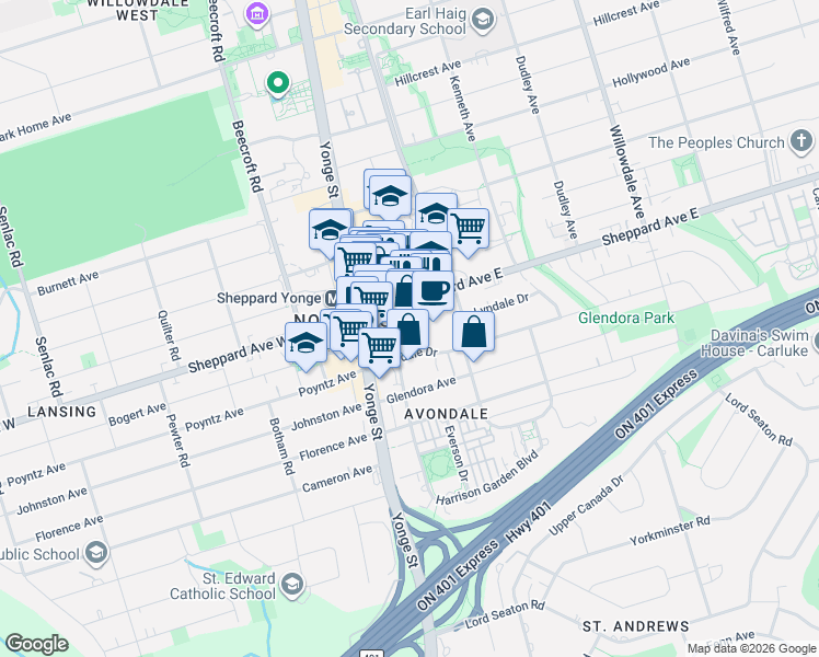 map of restaurants, bars, coffee shops, grocery stores, and more near 23 Sheppard Avenue West in Toronto