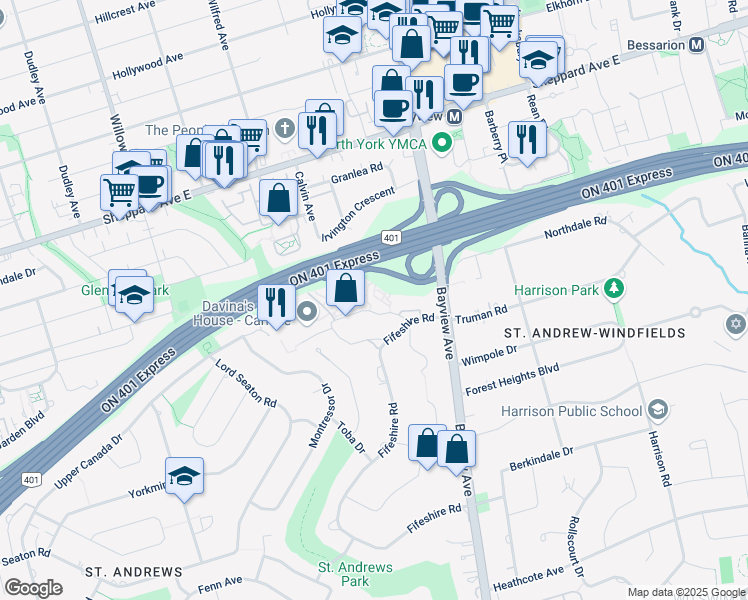 map of restaurants, bars, coffee shops, grocery stores, and more near 32 Carluke Crescent in Toronto